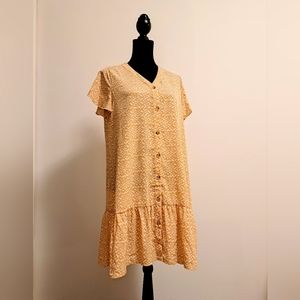 Breezy Everyday Yellow Button Down V- Neck Dress, Size Large